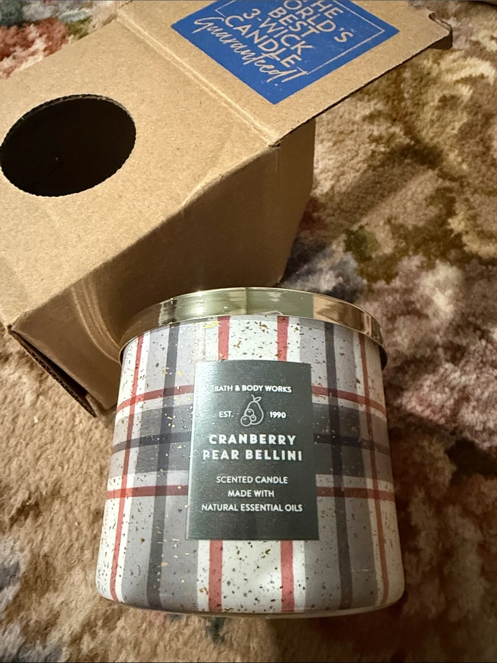 Bath & Body Works Cranberry Pear Bellini Scented Candle - Red, Gray, White Plaid